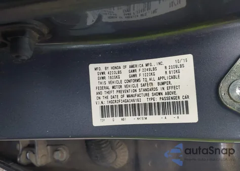 2016 Honda Accord Lx из США, поврежденный, VIN 1HGCR2F34GA046162